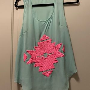 Aqua Karlie Tank with Neon Pink Geometric Pattern